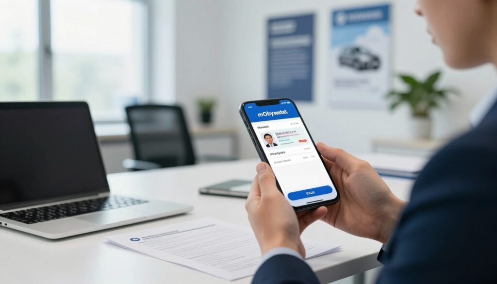 A professional office setting depicting the verification of a driving license using the mObywatel application. In the foreground, a person in business attire is intently examining a smartphone screen displaying the mObywatel app interface, with visible indicators of license status. The middle ground features a sleek office desk with paperwork and a laptop, suggesting an atmosphere of diligent administrative work. In the background, a modern government office interior is visible, with motivational posters about driver's safety and efficient services. Soft, natural lighting streams through large windows, creating a bright and welcoming atmosphere. The scene conveys a sense of professionalism and trust, inviting viewers to understand the importance of verifying driving license status. A professional office setting depicting the verification of a driving license using the mObywatel application. In the foreground, a person in business attire is intently examining a smartphone screen displaying the mObywatel app interface, with visible indicators of license status. The middle ground features a sleek office desk with paperwork and a laptop, suggesting an atmosphere of diligent administrative work. In the background, a modern government office interior is visible, with motivational posters about driver's safety and efficient services. Soft, natural lighting streams through large windows, creating a bright and welcoming atmosphere. The scene conveys a sense of professionalism and trust, inviting viewers to understand the importance of verifying driving license status.