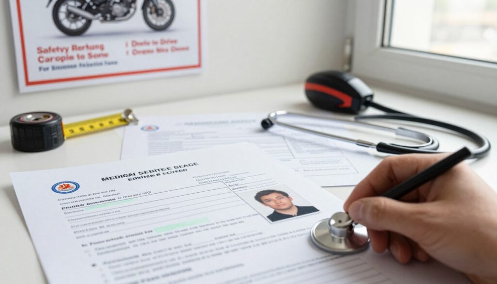 A professional office setting featuring a desk cluttered with documents related to obtaining a driver's license. In the foreground, a close-up view of an official application form for a motorcycle license, partially filled out, with a small, recent passport-sized photo placed beside it. The middle ground showcases a medical certificate confirming fitness to drive, along with a measuring tape and a stethoscope, symbolizing health assessments. In the background, a poster of motorcycle safety rules hangs on the wall, hinting at the context of driving regulations. The scene is illuminated by soft, natural light from a window, creating a calm and professional atmosphere. The composition should convey a sense of diligence and the formalities involved in acquiring a motorcycle license.