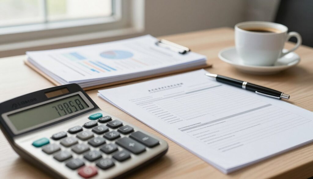 A professional office setting featuring a neatly organized desk with documents related to motorcycle licensing fees. In the foreground, a close-up of a calculator displaying numerical figures, symbolizing fees for examinations and issuance of documents. The middle ground includes a neatly arranged stack of forms, a pen, and a cup of coffee, which conveys a sense of diligent preparation. In the background, a window lets in soft natural light, illuminating the space and creating a warm, inviting atmosphere. Include charts or graphs subtly placed, hinting at the financial aspects of obtaining a motorcycle license. The overall mood should be focused and serious, highlighting the importance of understanding these expenses.
