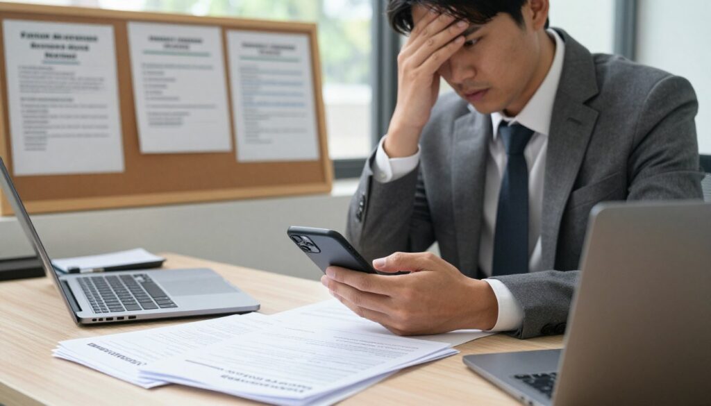 A professional office setting featuring a person in business attire dealing with the aftermath of losing their driver's license. In the foreground, the individual, appearing concerned, is using a smartphone while seated at a desk cluttered with important documents and a laptop. A small stack of forms labeled "Driver’s License Replacement" is partially visible. In the middle ground, a bulletin board displays official notices and procedure guides for reporting lost items. The background features soft, natural lighting coming through a window, illuminating the scene with a calm, focused atmosphere. The angle is slightly elevated, capturing the emotion of uncertainty and the steps needed to secure a replacement driver’s license.