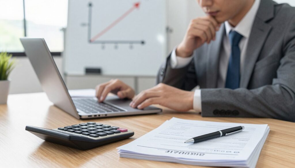 A professional office setting illustrating the concept of costs associated with a driving theory exam. In the foreground, a detailed calculator lies beside a stack of official driving test papers and a pen, symbolizing the financial aspects. The middle ground features a smartly dressed person, a young adult in business attire, thoughtfully reviewing costs on a laptop—focused and determined. In the background, a whiteboard displays a simple chart or graph related to fees, emphasizing the topic of expenses. The lighting is soft and natural, streaming in from a window, creating a calm and studious atmosphere. The camera angle is slightly above eye level, giving a clear view of the workspace and its organized details. A professional office setting illustrating the concept of costs associated with a driving theory exam. In the foreground, a detailed calculator lies beside a stack of official driving test papers and a pen, symbolizing the financial aspects. The middle ground features a smartly dressed person, a young adult in business attire, thoughtfully reviewing costs on a laptop—focused and determined. In the background, a whiteboard displays a simple chart or graph related to fees, emphasizing the topic of expenses. The lighting is soft and natural, streaming in from a window, creating a calm and studious atmosphere. The camera angle is slightly above eye level, giving a clear view of the workspace and its organized details.