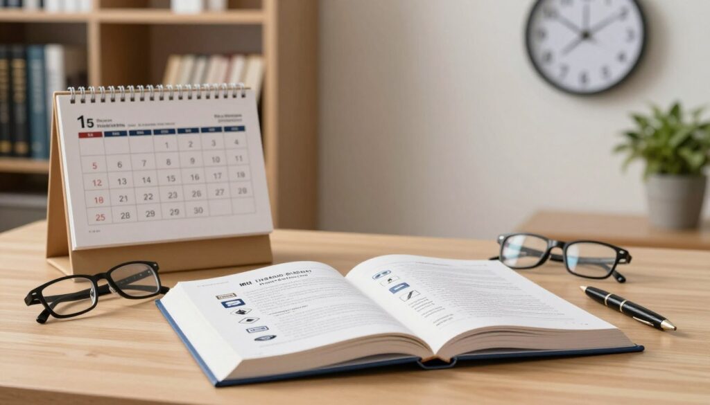 A professional, serene study environment depicting a closed book on traffic law, symbolizing the theory behind driving tests. The foreground features a neatly arranged desk with a traffic signs handbook open to a relevant page, a pair of reading glasses, and a pen. In the middle, there's a calendar showing dates, highlighting important milestones for driving test validity, while a clock on the wall keeps time to evoke the sense of deadlines. The background includes a softly lit shelf filled with legal textbooks and a potted plant, suggesting a calm and focused atmosphere. The lighting is warm and inviting, creating a motivational mood for students preparing for their theoretical driving exam. A professional, serene study environment depicting a closed book on traffic law, symbolizing the theory behind driving tests. The foreground features a neatly arranged desk with a traffic signs handbook open to a relevant page, a pair of reading glasses, and a pen. In the middle, there's a calendar showing dates, highlighting important milestones for driving test validity, while a clock on the wall keeps time to evoke the sense of deadlines. The background includes a softly lit shelf filled with legal textbooks and a potted plant, suggesting a calm and focused atmosphere. The lighting is warm and inviting, creating a motivational mood for students preparing for their theoretical driving exam.