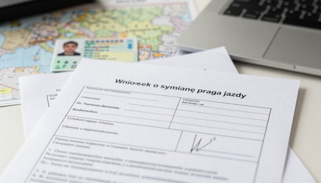A professional setting depicting a desk cluttered with documents and a computer, focused on an official "Wniosek o wymianę prawa jazdy" form prominently displayed in the foreground. The form should show detailed sections for personal information and signature lines but avoid any actual text. In the background, a faintly visible map of Poland and an image of a driver's license can be partially seen, symbolizing the exchange process. Soft, natural lighting illuminates the scene, creating a calm and organized atmosphere. The camera angle is slightly overhead, providing a clear view of the form while keeping the background elements subtly integrated. The mood is informative and serious, capturing the essence of official procedures. A professional setting depicting a desk cluttered with documents and a computer, focused on an official "Wniosek o wymianę prawa jazdy" form prominently displayed in the foreground. The form should show detailed sections for personal information and signature lines but avoid any actual text. In the background, a faintly visible map of Poland and an image of a driver's license can be partially seen, symbolizing the exchange process. Soft, natural lighting illuminates the scene, creating a calm and organized atmosphere. The camera angle is slightly overhead, providing a clear view of the form while keeping the background elements subtly integrated. The mood is informative and serious, capturing the essence of official procedures.