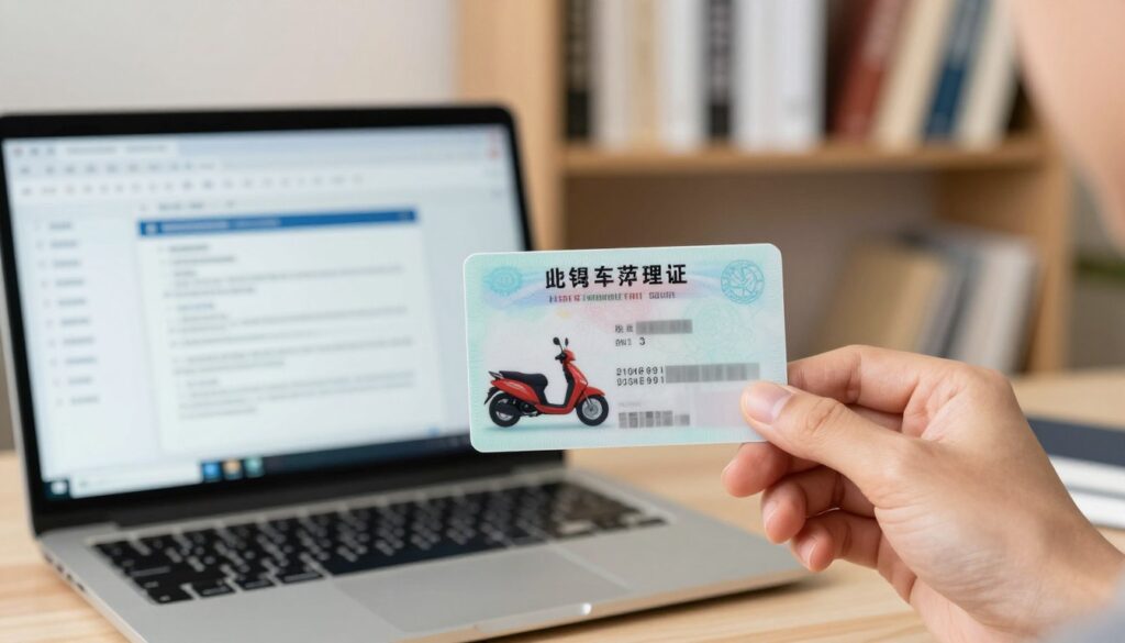A professional setting depicting the importance of a motorbike license card. In the foreground, a close-up view of a hand holding a motorbike license card, showing details like the card number and a watermark. The middle ground features a blurred desk with a laptop displaying open database systems and legal documents regarding motorbike regulations. In the background, soft-focus shelves filled with books on traffic laws and regulations since 2013. The lighting is bright yet warm, creating a sense of clarity and professionalism. The overall mood is informative and serious, emphasizing the significance of keeping updated with motorbike licensing laws. The scene should be captured from an eye-level angle, ensuring clarity in the details presented.