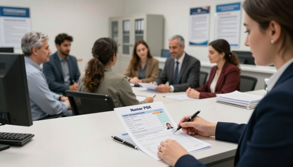 A professional setting inside a government office focused on issuing driver's licenses. In the foreground, a neatly organized desk with a visible “numer PKK” document, clearly displaying the numbers and details, accompanied by a pen and a stack of application forms. The middle ground includes a friendly government official, dressed in business attire, interacting with a diverse group of individuals—males and females of varying ages, representing different ethnic backgrounds—who are eagerly discussing their applications. The background shows a well-lit reception area with filing cabinets and informational posters about driver's license procedures. The mood is one of professionalism and anticipation, captured with soft, ambient lighting to create a welcoming atmosphere, shot from a slight angle to provide depth. A professional setting inside a government office focused on issuing driver's licenses. In the foreground, a neatly organized desk with a visible “numer PKK” document, clearly displaying the numbers and details, accompanied by a pen and a stack of application forms. The middle ground includes a friendly government official, dressed in business attire, interacting with a diverse group of individuals—males and females of varying ages, representing different ethnic backgrounds—who are eagerly discussing their applications. The background shows a well-lit reception area with filing cabinets and informational posters about driver's license procedures. The mood is one of professionalism and anticipation, captured with soft, ambient lighting to create a welcoming atmosphere, shot from a slight angle to provide depth.