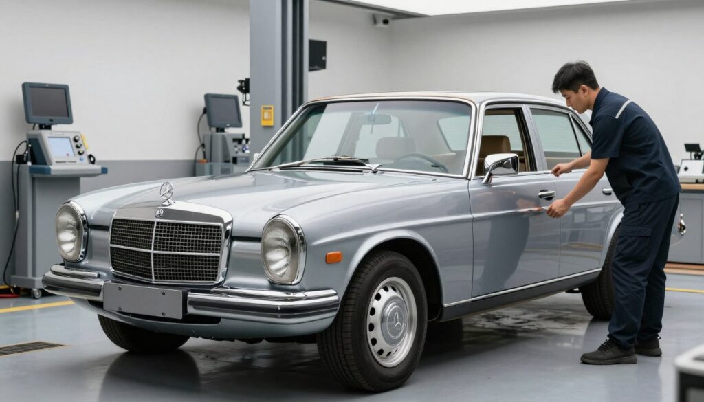 A professional setting showcasing a classic Mercedes 190 fitted with an elegant body kit enhancement. In the foreground, the car is parked near a modern inspection station, with a certified technician in a professional uniform examining the modifications. The middle ground features the car's sleek lines and stylish upgrades, emphasizing the carefully crafted body kit. The background includes technical equipment and a bright, well-lit environment, symbolizing efficiency and attention to detail. Soft, natural lighting creates an inviting atmosphere, highlighting the car's features while conveying a sense of professionalism and trust. The scene captures the essence of ensuring compliance after vehicle modifications, perfect for illustrating a technical review theme. A professional setting showcasing a classic Mercedes 190 fitted with an elegant body kit enhancement. In the foreground, the car is parked near a modern inspection station, with a certified technician in a professional uniform examining the modifications. The middle ground features the car's sleek lines and stylish upgrades, emphasizing the carefully crafted body kit. The background includes technical equipment and a bright, well-lit environment, symbolizing efficiency and attention to detail. Soft, natural lighting creates an inviting atmosphere, highlighting the car's features while conveying a sense of professionalism and trust. The scene captures the essence of ensuring compliance after vehicle modifications, perfect for illustrating a technical review theme.