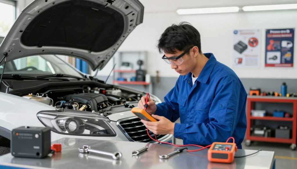 A professional technician in a bright, well-lit automotive workshop, meticulously checking a NOx sensor from a vehicle's exhaust system. The technician, dressed in a clean blue jumpsuit and safety goggles, uses a multimeter to take precise readings. In the foreground, tools like a wrench and a diagnostic tool are scattered on a workbench, reflecting the organized chaos of a repair shop. The middle ground features the car with its hood raised, showcasing the engine and exhaust system components. In the background, various automotive tools and posters about emissions diagnostics can be seen on the workshop walls. The overall atmosphere is focused and technical, hinting at the importance of accurate emissions testing and the role of the NOx sensor in modern vehicles. Bright, natural lighting filters through overhead fluorescents, creating a clear and professional ambiance. A professional technician in a bright, well-lit automotive workshop, meticulously checking a NOx sensor from a vehicle's exhaust system. The technician, dressed in a clean blue jumpsuit and safety goggles, uses a multimeter to take precise readings. In the foreground, tools like a wrench and a diagnostic tool are scattered on a workbench, reflecting the organized chaos of a repair shop. The middle ground features the car with its hood raised, showcasing the engine and exhaust system components. In the background, various automotive tools and posters about emissions diagnostics can be seen on the workshop walls. The overall atmosphere is focused and technical, hinting at the importance of accurate emissions testing and the role of the NOx sensor in modern vehicles. Bright, natural lighting filters through overhead fluorescents, creating a clear and professional ambiance.