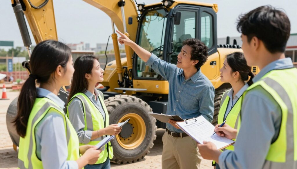 A professional training environment showcasing a group of individuals in smart casual attire gathered around a construction site where a backhoe loader is parked. In the foreground, a diverse group of three individuals, a male instructor and two female students, are engaged in a discussion while reviewing a checklist of requirements for a backhoe operator course. In the middle ground, emphasize the backhoe loader, with attention to its details and design, set against a backdrop of an active construction site with machinery and safety cones. The scene is bathed in natural sunlight, creating a vibrant and motivational atmosphere. The camera angle captures the instructor's enthusiasm as he points to the machine, indicating an instructive and collaborative mood.
