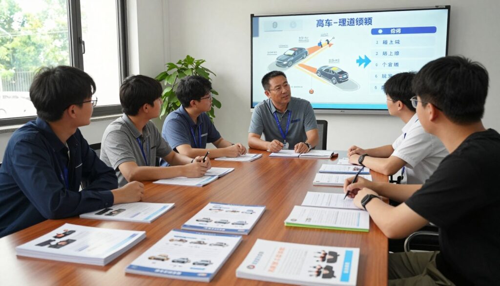 A professional training environment showcasing various driving courses, with a split layout for each type: standard, express, individual, and "no theory." In the foreground, neatly arranged course materials, like brochures and student handbooks, are visible on a polished wooden table. In the middle, an instructor in smart casual attire is engaged with a diverse group of learners sitting around the table, discussing course options. In the background, a large whiteboard displays diagrams of driving techniques and course information. Soft natural light filters through large windows, creating a welcoming and motivational atmosphere. The overall ambiance conveys professionalism and clarity, encouraging the view of educational opportunities in driving.
