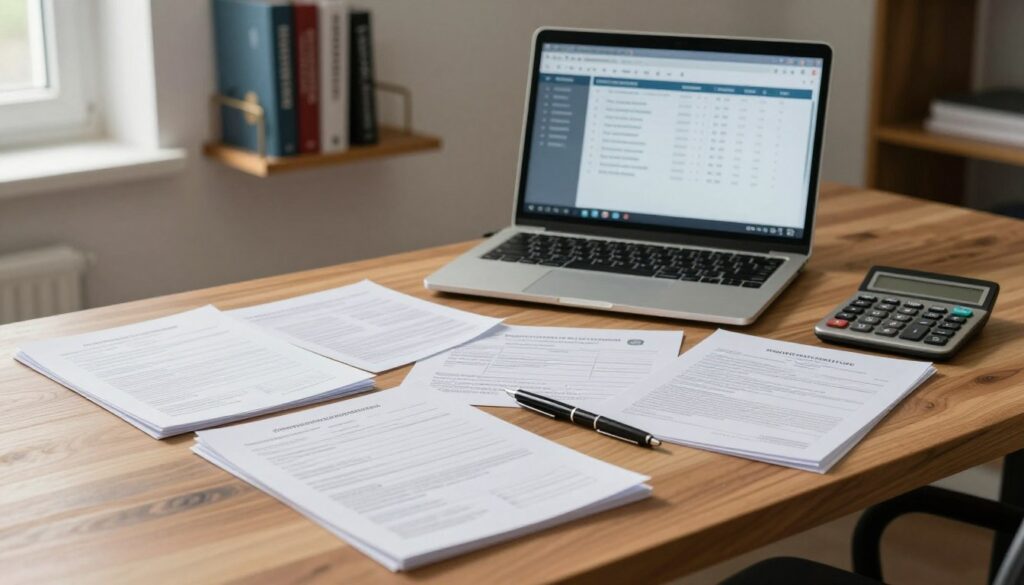 A professional workspace focused on a neatly organized collection of documents related to obtaining a driving license. In the foreground, a wooden desk displays a stack of various official papers, including an application form, identification documents, and medical certificates, all highlighted with soft, diffused lighting. In the middle ground, a laptop is open, showing a checklist of required documents on the screen, accompanied by a pen and a calculator. The background features a modest wall-mounted shelf with reference books about driving regulations. The atmosphere is calm and professional, evoking a sense of preparedness and clarity, with natural light streaming in from a window, casting gentle shadows. A professional workspace focused on a neatly organized collection of documents related to obtaining a driving license. In the foreground, a wooden desk displays a stack of various official papers, including an application form, identification documents, and medical certificates, all highlighted with soft, diffused lighting. In the middle ground, a laptop is open, showing a checklist of required documents on the screen, accompanied by a pen and a calculator. The background features a modest wall-mounted shelf with reference books about driving regulations. The atmosphere is calm and professional, evoking a sense of preparedness and clarity, with natural light streaming in from a window, casting gentle shadows.