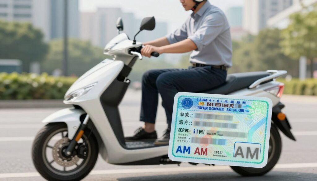A realistic image of a motorcycle driving license designed for scooters in a modern, sleek style. In the foreground, prominently display a feature of the license with the recognizable design elements, including the category "AM" written clearly. In the middle ground, show a well-maintained 125cc scooter parked at the side, with a rider in professional casual clothing wearing a helmet, examining the license. The background features a blurred cityscape with a hint of greenery, symbolizing urban mobility and freedom. The lighting is bright and inviting, capturing a sense of optimism and safety. The angle is slightly above eye-level, showcasing both the scooter and the license prominently. The overall mood is professional yet approachable. A realistic image of a motorcycle driving license designed for scooters in a modern, sleek style. In the foreground, prominently display a feature of the license with the recognizable design elements, including the category "AM" written clearly. In the middle ground, show a well-maintained 125cc scooter parked at the side, with a rider in professional casual clothing wearing a helmet, examining the license. The background features a blurred cityscape with a hint of greenery, symbolizing urban mobility and freedom. The lighting is bright and inviting, capturing a sense of optimism and safety. The angle is slightly above eye-level, showcasing both the scooter and the license prominently. The overall mood is professional yet approachable.