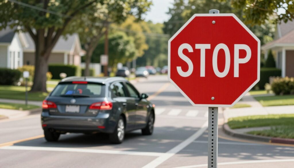 A realistic road scene depicting a stop sign in focus, placed prominently in the foreground against a suburban neighborhood backdrop. The stop sign is vivid red, designed clearly with white letters, positioned at an intersection where a car is preparing to stop, with its brake lights glowing. In the middle ground, a professional-looking driver in business attire is visible inside the car, showcasing attentiveness as they make a complete stop. The background softly blurs a tree-lined street, casting dappled sunlight that enhances the serene atmosphere of a quiet afternoon. The image captures a sense of diligence and respect for traffic rules in a safe, family-friendly environment, with natural colors and balanced lighting emphasizing the importance of stopping at the sign. A realistic road scene depicting a stop sign in focus, placed prominently in the foreground against a suburban neighborhood backdrop. The stop sign is vivid red, designed clearly with white letters, positioned at an intersection where a car is preparing to stop, with its brake lights glowing. In the middle ground, a professional-looking driver in business attire is visible inside the car, showcasing attentiveness as they make a complete stop. The background softly blurs a tree-lined street, casting dappled sunlight that enhances the serene atmosphere of a quiet afternoon. The image captures a sense of diligence and respect for traffic rules in a safe, family-friendly environment, with natural colors and balanced lighting emphasizing the importance of stopping at the sign.