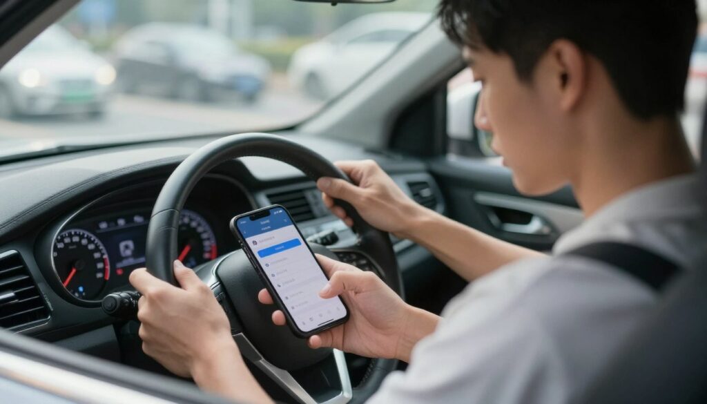 A realistic scene depicting a driver sitting in a modern car, looking at their smartphone with a concerned expression, emphasizing the risks of distracted driving. In the foreground, focus on the smartphone displaying a notification about traffic violations. The middle ground should show the driver's hands on the steering wheel, enhanced by a clear view of the dashboard featuring a speedometer and warning lights. The background should display blurred city traffic, suggesting a busy urban environment. The lighting should be natural, simulating bright daylight, creating a slight glare on the car windows. Capture the mood of seriousness and awareness regarding road safety in 2025.