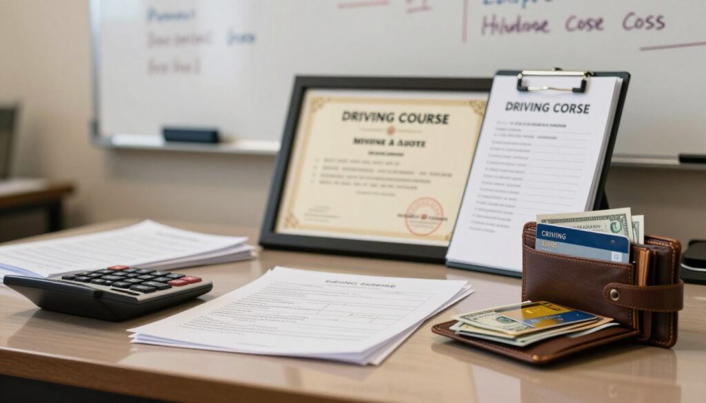 A reflective office desk cluttered with various documents representing hidden costs of a driving course. In the foreground, a calculator, stacks of receipts, and a partially open wallet filled with credit cards and cash, all conveying financial burdens. In the middle, a framed diploma and a driving manual are slightly blurred, illustrating the driving course theme. The background shows a soft-focus whiteboard with handwritten notes about additional costs, such as insurance and fees. Warm, ambient lighting creates a focused yet slightly stressful atmosphere, emphasizing the complexity of budgeting for the driving license. The angle is slightly elevated, allowing a clear view of the desk items while maintaining a professional and inviting workspace feel. A reflective office desk cluttered with various documents representing hidden costs of a driving course. In the foreground, a calculator, stacks of receipts, and a partially open wallet filled with credit cards and cash, all conveying financial burdens. In the middle, a framed diploma and a driving manual are slightly blurred, illustrating the driving course theme. The background shows a soft-focus whiteboard with handwritten notes about additional costs, such as insurance and fees. Warm, ambient lighting creates a focused yet slightly stressful atmosphere, emphasizing the complexity of budgeting for the driving license. The angle is slightly elevated, allowing a clear view of the desk items while maintaining a professional and inviting workspace feel.