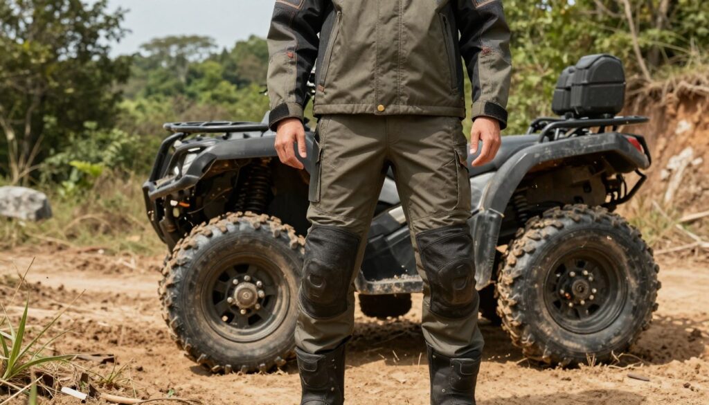 A rugged outdoor scene featuring a model wearing durable, weather-resistant jacket and pants specifically designed for off-road quad biking in challenging terrain. The jacket should have reinforced stitching and adjustable cuffs, while the pants are fitted and practical, showcasing pockets and knee protection. The model is standing confidently on a muddy trail surrounded by dense greenery, with a quad bike parked nearby. The lighting is bright, suggesting a sunny day, with shadows that highlight the texture of the clothing. The angle is slightly low, emphasizing the model's stance and the quad bike’s robust structure. The mood is adventurous and ready for exploration, capturing the essence of outdoor activities. The background showcases a blur of trees and rugged landscape, ensuring focus remains on the attire. A rugged outdoor scene featuring a model wearing durable, weather-resistant jacket and pants specifically designed for off-road quad biking in challenging terrain. The jacket should have reinforced stitching and adjustable cuffs, while the pants are fitted and practical, showcasing pockets and knee protection. The model is standing confidently on a muddy trail surrounded by dense greenery, with a quad bike parked nearby. The lighting is bright, suggesting a sunny day, with shadows that highlight the texture of the clothing. The angle is slightly low, emphasizing the model's stance and the quad bike’s robust structure. The mood is adventurous and ready for exploration, capturing the essence of outdoor activities. The background showcases a blur of trees and rugged landscape, ensuring focus remains on the attire.