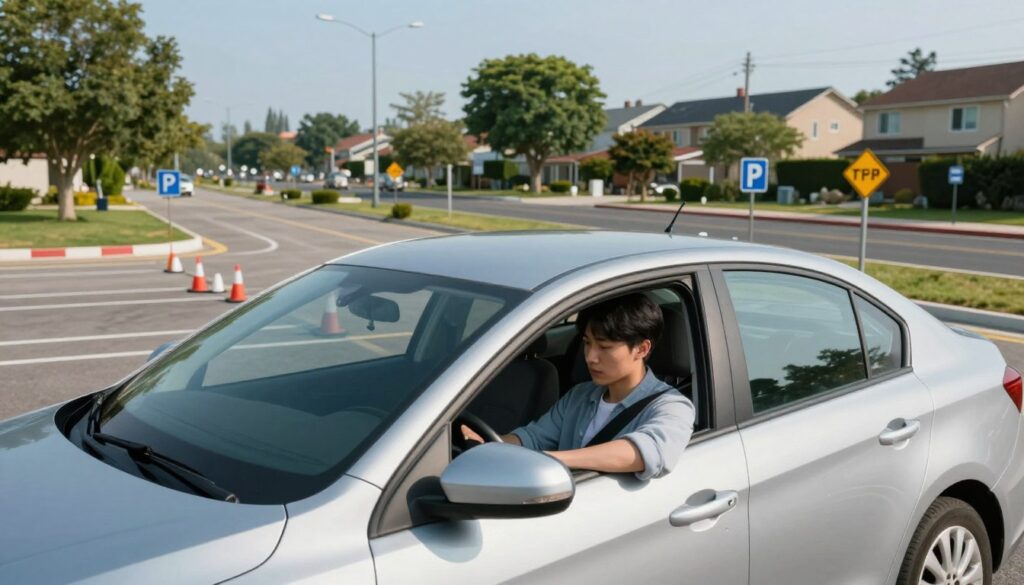 A scenic driving practice setting, showcasing a learner driver in a modern, practical car on a driving course. In the foreground, the car is parked strategically, with the instructor seated beside a young adult student, both wearing professional casual attire. The middle ground includes a designated driving path, clearly marked with cones and road signs, symbolizing the structure of driving lessons. In the background, a suburban city street is visible, lined with trees and residential houses under a clear blue sky. Soft, natural lighting bathes the scene, creating an atmosphere of calm focus and attentiveness, ideal for learning. The angle is slightly elevated, giving a comprehensive view of the driving practice area without any distractions.