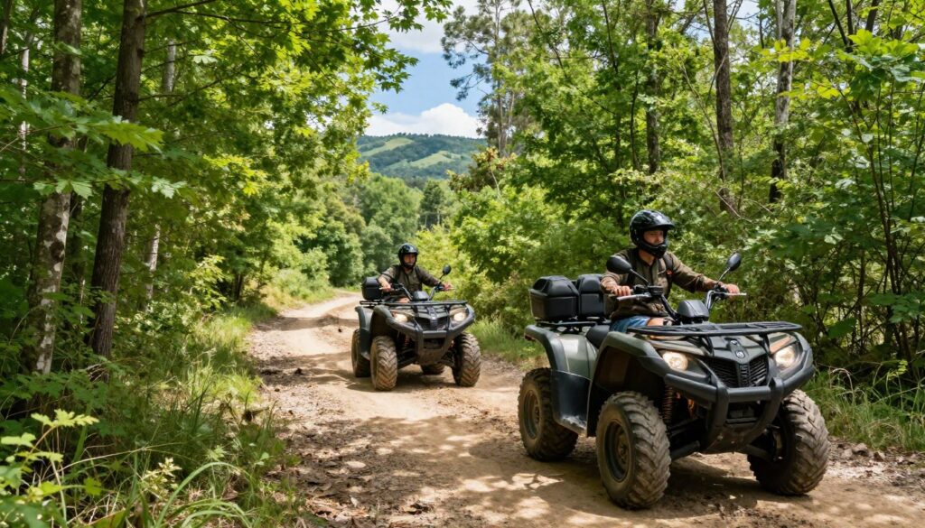 A scenic view of a lush forest pathway, ideal for quad biking, with vibrant green trees lining the sides. In the foreground, a well-maintained quad bike parked on a dirt trail, showcasing its rugged design. In the middle ground, a couple of riders in modest outdoor clothing, wearing helmets and enjoying the ride. They appear focused yet relaxed as they navigate the path. The background features a mix of tall trees and distant hills under a clear blue sky, with soft sunlight filtering through the leaves, creating dappled shadows on the ground. The atmosphere is adventurous yet peaceful, inviting viewers to explore the permitted locations for quad biking. A scenic view of a lush forest pathway, ideal for quad biking, with vibrant green trees lining the sides. In the foreground, a well-maintained quad bike parked on a dirt trail, showcasing its rugged design. In the middle ground, a couple of riders in modest outdoor clothing, wearing helmets and enjoying the ride. They appear focused yet relaxed as they navigate the path. The background features a mix of tall trees and distant hills under a clear blue sky, with soft sunlight filtering through the leaves, creating dappled shadows on the ground. The atmosphere is adventurous yet peaceful, inviting viewers to explore the permitted locations for quad biking.