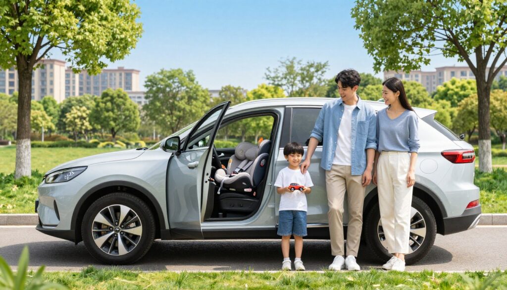A serene and informative scene showcasing a picturesque urban setting where a car is parked on a sunny day, surrounded by trees and soft green grass. In the foreground, a friendly family is interacting, looking happy and relaxed; the parents are dressed in smart casual clothing. The child stands beside them, holding a small toy car, illustrating the topic of child safety in cars. The middle ground features the car with the back door open, emphasizing the absence of a child seat without portraying any danger, conveying the exceptions to child seat regulations. The background includes a clear blue sky, enhancing the cheerful atmosphere, with distant buildings suggesting a suburban neighborhood. The lighting is bright and inviting, suggesting a pleasant spring day.