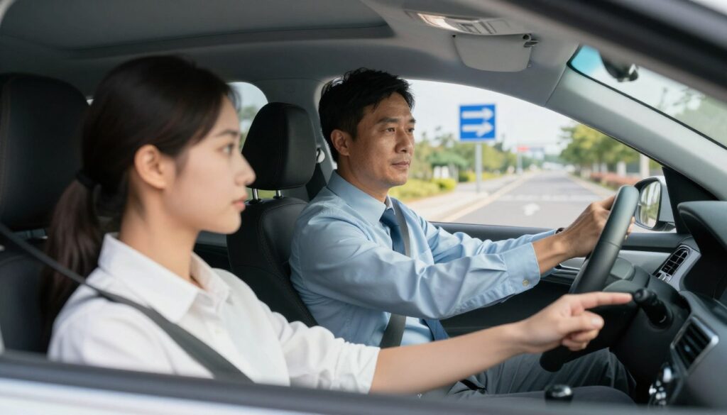 A serene driving school scene featuring an instructor in professional attire, seated in the driver's seat of a modern car, guiding a focused student behind the wheel. The foreground shows a close-up of the car's steering wheel and dashboard, emphasizing the controls. In the middle, the instructor points out instructions, while the student pays close attention, showcasing determination and engagement. The background reveals a sunny street with road signs and clear skies, adding to the atmosphere of a productive driving lesson. Soft, natural lighting filters through the car windows, enhancing the sense of learning and professionalism. The composition conveys a mood of focus, education, and preparation for driving tests, with no distractions or clutter in sight.