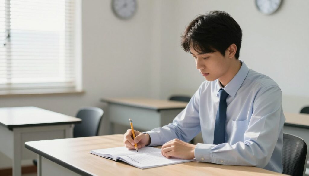 A serene indoor examination room, featuring a neatly arranged desk with an open examination booklet and a pencil. In the foreground, a focused young adult in professional attire sits at the desk, studying the material with determination, casting a soft shadow from a nearby window. The middle ground showcases a subtle hint of a clock on the wall, indicating that time is passing, while the bright, natural light filters through the blinds, creating a calm atmosphere. In the background, the outlines of additional desks can be seen, symbolizing a tranquil testing environment. The overall mood is one of concentration and anticipation, reflecting the seriousness of an internal driving exam. The image should capture the essence of preparation and the crucial moment before the assessment.