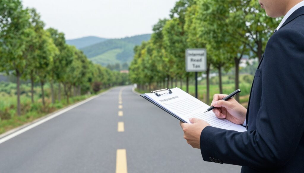 A serene internal road surrounded by a lush green landscape, showcasing smooth pavement with clear road markings. In the foreground, a professional individual in business attire is reviewing documents on a clipboard, symbolizing assessment and responsibility. The middle ground features a subtle sign indicating "Internal Road Tax" alongside trees lining the road, representing compliance and governance. The background consists of a scenic view of rolling hills under a bright sky, conveying a sense of clarity and focus. Soft, natural lighting enhances the professionalism of the scene, while a slight depth of field adds emphasis to the foreground, creating a calm and informative atmosphere. The image should be devoid of any text or visual distractions. A serene internal road surrounded by a lush green landscape, showcasing smooth pavement with clear road markings. In the foreground, a professional individual in business attire is reviewing documents on a clipboard, symbolizing assessment and responsibility. The middle ground features a subtle sign indicating "Internal Road Tax" alongside trees lining the road, representing compliance and governance. The background consists of a scenic view of rolling hills under a bright sky, conveying a sense of clarity and focus. Soft, natural lighting enhances the professionalism of the scene, while a slight depth of field adds emphasis to the foreground, creating a calm and informative atmosphere. The image should be devoid of any text or visual distractions.