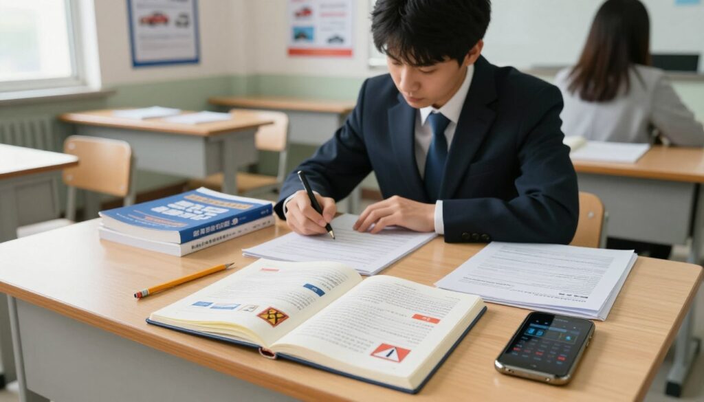 A serene study environment featuring an exam room designed for a theoretical driving test. In the foreground, a wooden desk is neatly arranged with a pencil, an open notebook filled with traffic signs and rules, and a smartphone displaying a timer. The middle ground includes a focused individual in professional attire, studying diligently with a determined expression, surrounded by reference materials like driving manuals and exam sheets. The background showcases a well-lit classroom with motivational posters about road safety and driving regulations on the walls. Soft, natural lighting creates a calm atmosphere, while the camera angle captures the scene from a slight overhead perspective, emphasizing both the intensity of study and the preparation for the theoretical driving examination. A serene study environment featuring an exam room designed for a theoretical driving test. In the foreground, a wooden desk is neatly arranged with a pencil, an open notebook filled with traffic signs and rules, and a smartphone displaying a timer. The middle ground includes a focused individual in professional attire, studying diligently with a determined expression, surrounded by reference materials like driving manuals and exam sheets. The background showcases a well-lit classroom with motivational posters about road safety and driving regulations on the walls. Soft, natural lighting creates a calm atmosphere, while the camera angle captures the scene from a slight overhead perspective, emphasizing both the intensity of study and the preparation for the theoretical driving examination.