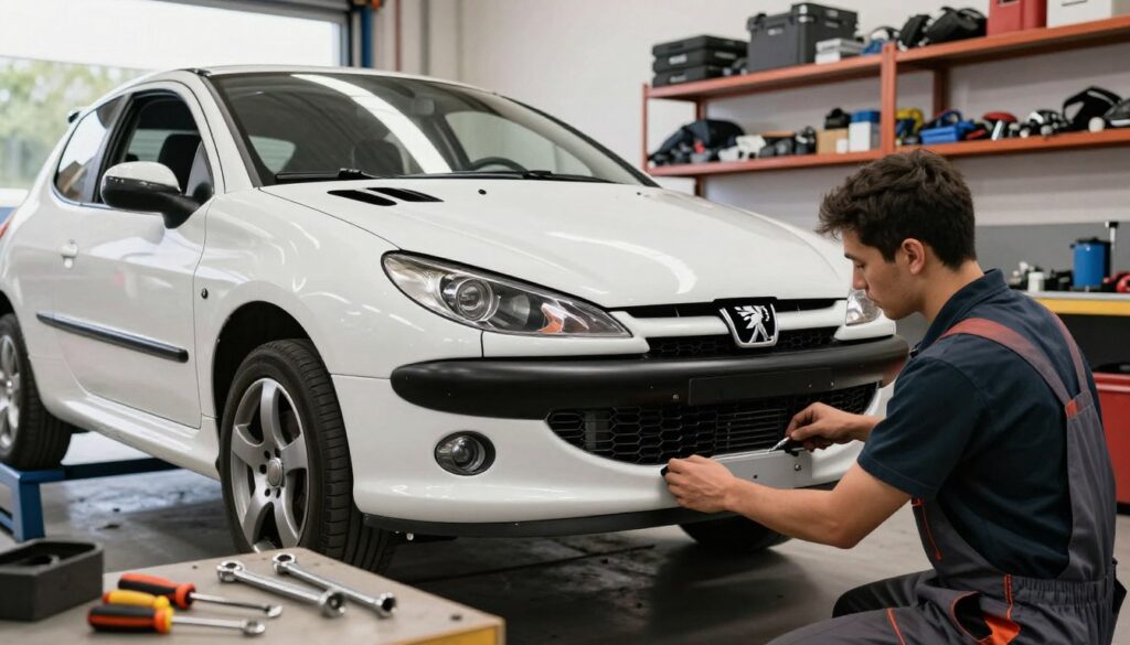 A skilled mechanic focused on the installation of a Peugeot 206 body kit, working in a brightly lit garage. The mechanic, dressed in professional work attire, is carefully aligning and attaching a sleek, sporty front bumper to the car. In the foreground, tools like screwdrivers and a wrench lie neatly arranged on a workbench, emphasizing the hands-on nature of the task. The middle ground features the partially assembled Peugeot 206 with a vivid body kit, showcasing its aggressive lines and modern design. The garage background is filled with shelves stocked with car parts and equipment, illuminated by natural light filtering through a window, creating an atmosphere of focus and craftsmanship. The overall mood conveys a sense of dedication and expertise in auto modification. A skilled mechanic focused on the installation of a Peugeot 206 body kit, working in a brightly lit garage. The mechanic, dressed in professional work attire, is carefully aligning and attaching a sleek, sporty front bumper to the car. In the foreground, tools like screwdrivers and a wrench lie neatly arranged on a workbench, emphasizing the hands-on nature of the task. The middle ground features the partially assembled Peugeot 206 with a vivid body kit, showcasing its aggressive lines and modern design. The garage background is filled with shelves stocked with car parts and equipment, illuminated by natural light filtering through a window, creating an atmosphere of focus and craftsmanship. The overall mood conveys a sense of dedication and expertise in auto modification.