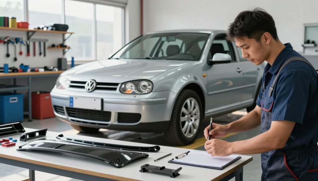 A skilled mechanic in a modern workshop, focused on installing a body kit for a Volkswagen Golf 4. The foreground features the mechanic, dressed in a professional outfit, working diligently with tools in hand, examining parts of the body kit laid out on a clean workbench. In the middle, the Volkswagen Golf 4 is prominently displayed, showcasing different body kit elements like a front bumper, side skirts, and rear spoiler, partially attached. The background includes shelves filled with various car tools and a large window letting in bright natural light that casts soft shadows, creating a vibrant, industrious atmosphere. The scene captures a sense of professionalism and attention to detail, perfect for a checklist on body kit installation and painting. A skilled mechanic in a modern workshop, focused on installing a body kit for a Volkswagen Golf 4. The foreground features the mechanic, dressed in a professional outfit, working diligently with tools in hand, examining parts of the body kit laid out on a clean workbench. In the middle, the Volkswagen Golf 4 is prominently displayed, showcasing different body kit elements like a front bumper, side skirts, and rear spoiler, partially attached. The background includes shelves filled with various car tools and a large window letting in bright natural light that casts soft shadows, creating a vibrant, industrious atmosphere. The scene captures a sense of professionalism and attention to detail, perfect for a checklist on body kit installation and painting.