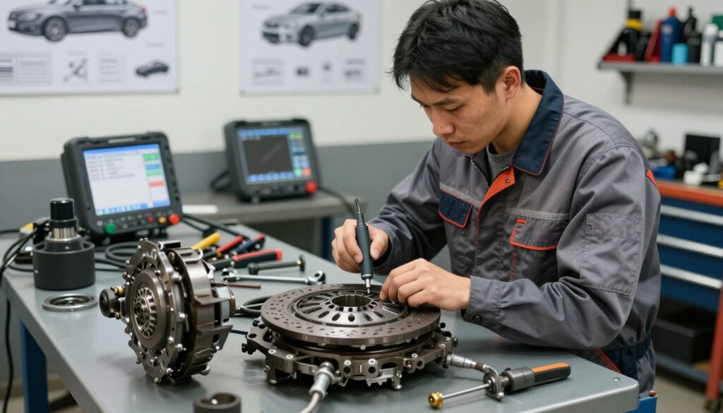 A skilled mechanic in a well-lit automotive workshop, wearing professional work attire, is examining a car's clutch components on a workbench. The foreground features a detailed view of the clutch assembly, showcasing the pressure plate, friction disc, and release bearing, emphasizing the intricate parts of the system. In the middle ground, tools such as wrenches and diagnostic equipment are neatly arranged, highlighting the mechanical workspace. The mechanic is using a diagnostic tool, focusing intently, conveying a sense of expertise and professionalism. The background shows posters with automotive diagrams and a well-organized tool rack. Soft, diffused lighting creates a focused and serious atmosphere, ideal for a technical environment, while maintaining clarity and detail throughout the image. A skilled mechanic in a well-lit automotive workshop, wearing professional work attire, is examining a car's clutch components on a workbench. The foreground features a detailed view of the clutch assembly, showcasing the pressure plate, friction disc, and release bearing, emphasizing the intricate parts of the system. In the middle ground, tools such as wrenches and diagnostic equipment are neatly arranged, highlighting the mechanical workspace. The mechanic is using a diagnostic tool, focusing intently, conveying a sense of expertise and professionalism. The background shows posters with automotive diagrams and a well-organized tool rack. Soft, diffused lighting creates a focused and serious atmosphere, ideal for a technical environment, while maintaining clarity and detail throughout the image.