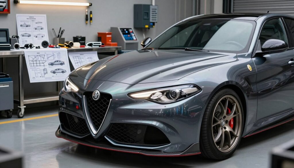A sleek Alfa Romeo 159, adorned with a stylish body kit, parked in a well-lit urban garage. The foreground features the car's striking front profile, highlighting its aggressive stance and enhanced aerodynamics. Reflections on the glossy paint capture the ambient light, showcasing vibrant colors and exquisite details of the body kit. In the middle ground, engineering blueprints and car parts are spread across a stainless steel workbench, emphasizing the legal and technical aspects of customization. The background displays a modern workspace with tools and equipment, hinting at the meticulous care involved in maintenance and homologation processes. The scene is illuminated by soft, overhead lighting to create a professional and focused atmosphere with a slight industrial touch. A sleek Alfa Romeo 159, adorned with a stylish body kit, parked in a well-lit urban garage. The foreground features the car's striking front profile, highlighting its aggressive stance and enhanced aerodynamics. Reflections on the glossy paint capture the ambient light, showcasing vibrant colors and exquisite details of the body kit. In the middle ground, engineering blueprints and car parts are spread across a stainless steel workbench, emphasizing the legal and technical aspects of customization. The background displays a modern workspace with tools and equipment, hinting at the meticulous care involved in maintenance and homologation processes. The scene is illuminated by soft, overhead lighting to create a professional and focused atmosphere with a slight industrial touch.