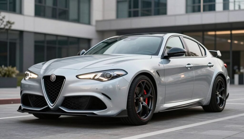 A sleek Alfa Romeo Giulia fitted with an aggressive body kit, prominently showcased in the foreground with its striking design details highlighted. The body kit features an enhanced front splitter, sculpted side skirts, and a rear diffuser, all emphasizing the car's sporty nature. The image is taken from a low angle to accentuate the vehicle’s profile, with a dynamic perspective that gives it a sense of motion. Soft, natural lighting casts subtle reflections on the car's glossy paint finish, while a blurred urban backdrop featuring modern architecture enhances the scene's sophistication. The overall mood is refined and energetic, capturing the essence of automotive customization and design versatility.
