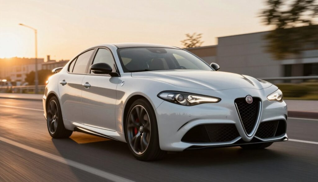 A sleek Alfa Romeo Giulia, showcasing the intricate design of its aerodynamic body kit. The car is positioned prominently in the foreground, with its glossy paint reflecting sunlight, highlighting the curves and sharp edges. The middle ground features a subtly blurred urban landscape, hinting at speed and performance, with smooth asphalt and softly lit street lamps. A golden hour sunset casts warm tones, enhancing the car's contours and creating long shadows. The camera angle captures the Giulia from a low perspective, emphasizing its aggressive stance. The overall mood is dynamic and sophisticated, conveying the essence of engineering excellence and aesthetic appeal in automotive design, perfect for illustrating the significance of body kits.