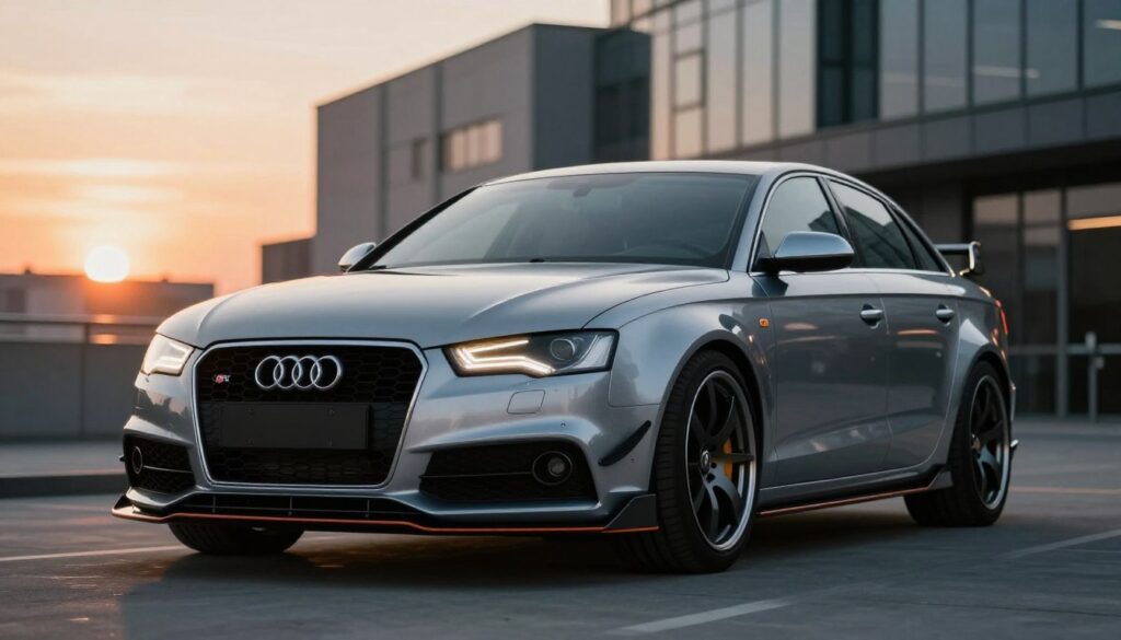 A sleek Audi A4 B6 with an aggressive body kit, showcasing a dynamic S-Line aesthetic. The car is positioned prominently in the foreground, highlighting the unique contours of the custom front bumper, side skirts, and rear diffuser. The middle ground features a slightly blurred urban setting with modern buildings, reflecting a contemporary atmosphere. The background includes a moody sunset, casting a warm glow and accentuating the car’s metallic paint. The image is captured from a low angle to emphasize the sporty stance, with dramatic side lighting enhancing the curves and lines of the vehicle, creating a sense of motion and performance. The overall mood conveys elegance and modernity, perfect for automotive enthusiasts. A sleek Audi A4 B6 with an aggressive body kit, showcasing a dynamic S-Line aesthetic. The car is positioned prominently in the foreground, highlighting the unique contours of the custom front bumper, side skirts, and rear diffuser. The middle ground features a slightly blurred urban setting with modern buildings, reflecting a contemporary atmosphere. The background includes a moody sunset, casting a warm glow and accentuating the car’s metallic paint. The image is captured from a low angle to emphasize the sporty stance, with dramatic side lighting enhancing the curves and lines of the vehicle, creating a sense of motion and performance. The overall mood conveys elegance and modernity, perfect for automotive enthusiasts.
