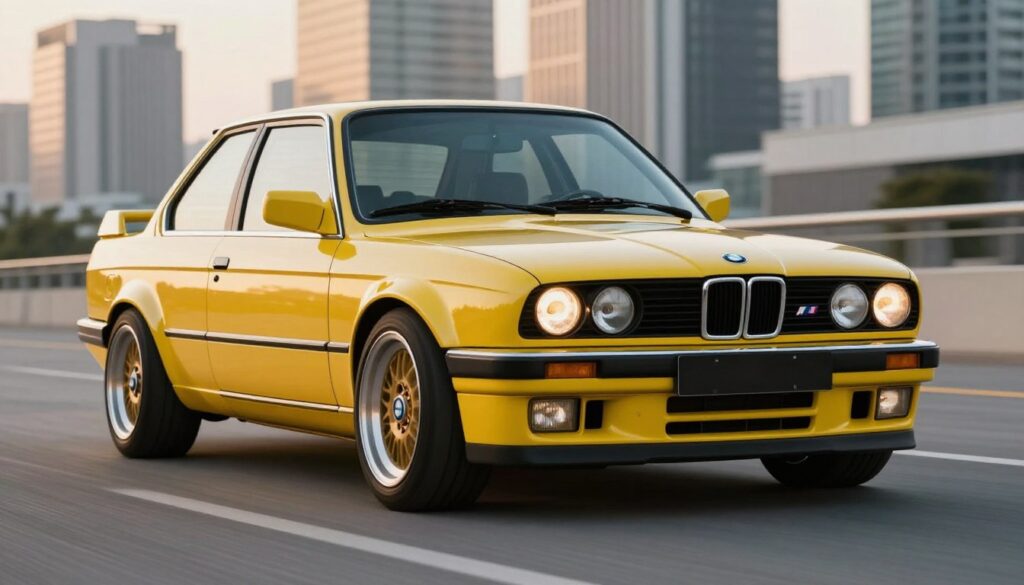 A sleek BMW E30 M-Tech, showcasing a classic body kit designed for wide headlights. The car is positioned in a dynamic three-quarter view, highlighting its aggressive stance and sporty contours. Its vibrant paint glistens under a soft golden hour lighting, enhancing the curves of the bodywork. The background features a modern urban environment with blurred city skyscrapers, emphasizing a blend of classic and contemporary styles. The front of the car displays the bold M-Tech grille and aerodynamic bumper, while the wide headlights shine brightly, capturing attention. The atmosphere conveys a sense of speed and excitement, inviting viewers to appreciate the timeless design juxtaposed with modern aesthetics. A sleek BMW E30 M-Tech, showcasing a classic body kit designed for wide headlights. The car is positioned in a dynamic three-quarter view, highlighting its aggressive stance and sporty contours. Its vibrant paint glistens under a soft golden hour lighting, enhancing the curves of the bodywork. The background features a modern urban environment with blurred city skyscrapers, emphasizing a blend of classic and contemporary styles. The front of the car displays the bold M-Tech grille and aerodynamic bumper, while the wide headlights shine brightly, capturing attention. The atmosphere conveys a sense of speed and excitement, inviting viewers to appreciate the timeless design juxtaposed with modern aesthetics.
