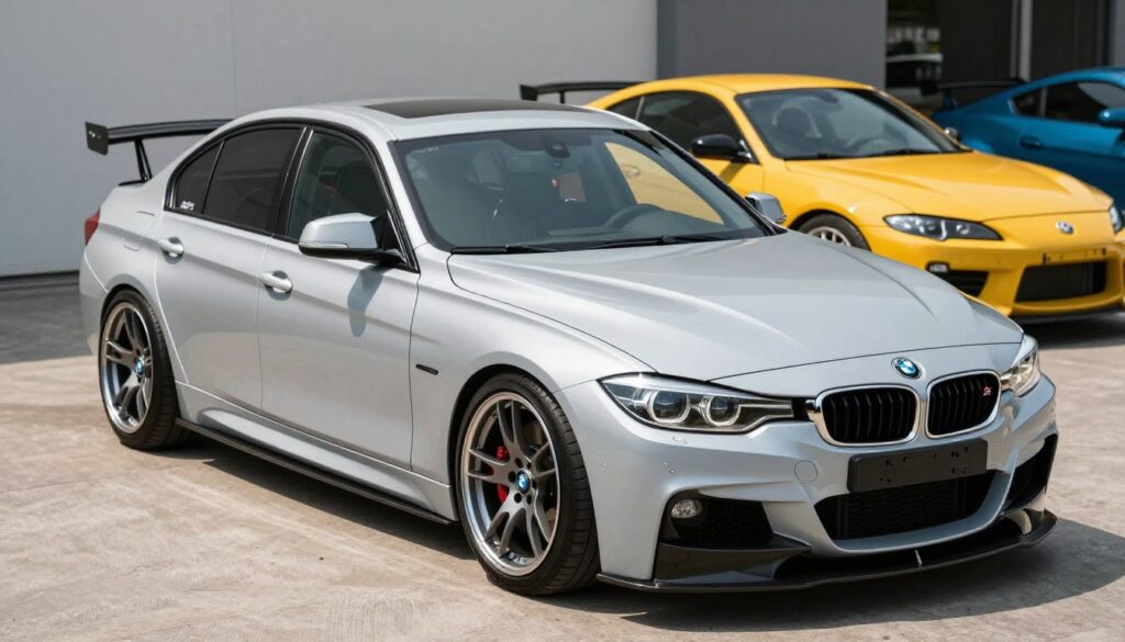 A sleek BMW F30 with a carefully curated body kit, displayed prominently in the foreground, highlighting its aerodynamic lines and custom modifications. Surrounding it, a set of stylish, performance-oriented wheels enhances the car’s sporty appeal, while an adjustable suspension system is subtly suggested beneath it. In the middle ground, vivid, well-matched colors blend harmoniously with the bodywork, creating a cohesive look that reflects attention to detail. The background features a minimalist urban setting with soft, natural lighting, ideal for showcasing the car’s elegance. The angle captures the car slightly from above, emphasizing its dynamic stance. Overall, the mood conveys sophistication and performance, inviting viewers to envision the perfect visual consistency in car modifications.
