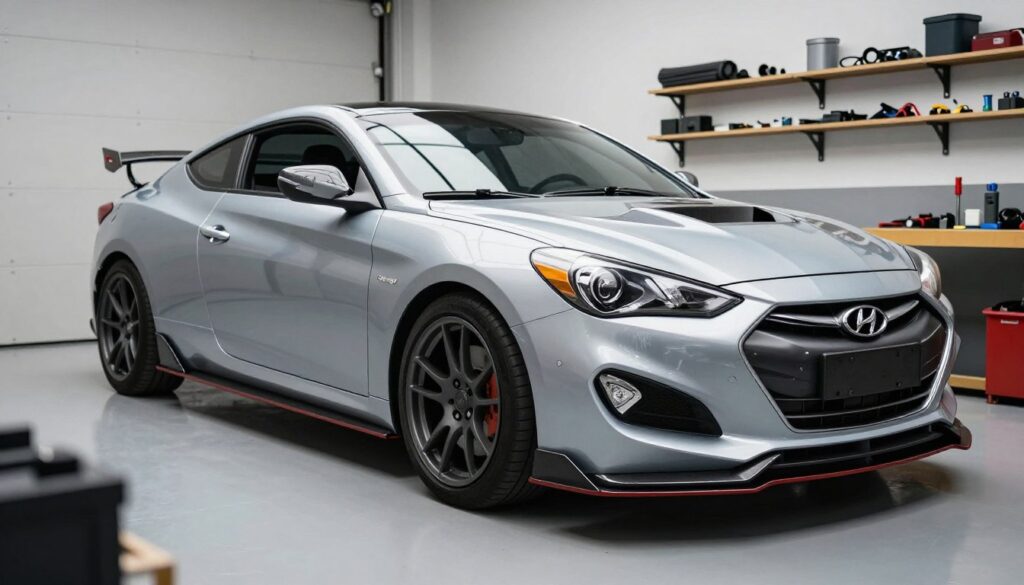 A sleek Hyundai Coupe parked in a well-lit, modern garage. In the foreground, focus on a stylish body kit designed for the vehicle, showcasing its aerodynamic curves and contours. The middle layer features the Hyundai Coupe with the newly installed body kit, emphasizing the fit and finish. The background includes tools and parts organized on shelves, enhancing the automotive repair atmosphere. Soft, natural lighting creates a professional yet inviting mood, highlighting the details of the car's modifications. The angle should be slightly below the car, providing a dynamic perspective that accentuates the aggressive stance and custom features of the body kit, without any people in the frame. A sleek Hyundai Coupe parked in a well-lit, modern garage. In the foreground, focus on a stylish body kit designed for the vehicle, showcasing its aerodynamic curves and contours. The middle layer features the Hyundai Coupe with the newly installed body kit, emphasizing the fit and finish. The background includes tools and parts organized on shelves, enhancing the automotive repair atmosphere. Soft, natural lighting creates a professional yet inviting mood, highlighting the details of the car's modifications. The angle should be slightly below the car, providing a dynamic perspective that accentuates the aggressive stance and custom features of the body kit, without any people in the frame.