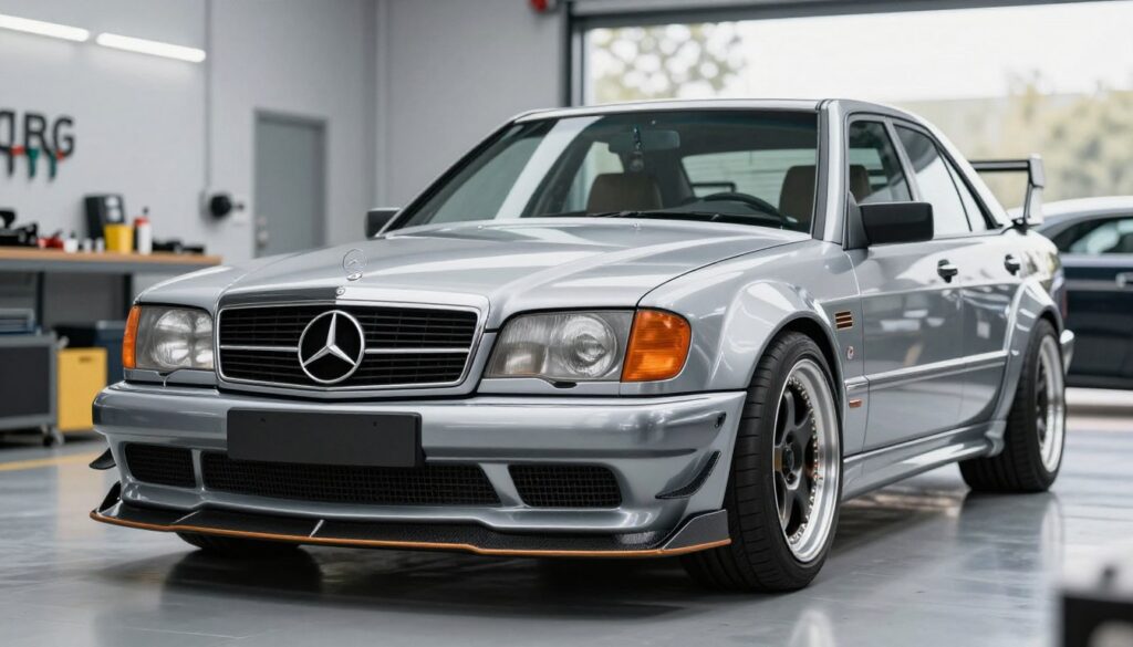 A sleek Mercedes W124 featuring a custom GFK body kit, prominently displayed in the foreground. The car should showcase the aerodynamic lines and sporty features of the body kit, such as an enhanced front bumper, side skirts, and rear diffusers. In the middle ground, the setting is a modern automotive workshop with tools and equipment subtly visible to enhance the context without distracting from the car. The background features soft bokeh effects to suggest depth and focus on the vehicle. Bright, natural lighting accentuates the glossy finish of the GFK material, highlighting its texture and quality. The mood conveys a sense of professionalism and innovation in automotive design, portraying the W124 as both elegant and performance-oriented. A sleek Mercedes W124 featuring a custom GFK body kit, prominently displayed in the foreground. The car should showcase the aerodynamic lines and sporty features of the body kit, such as an enhanced front bumper, side skirts, and rear diffusers. In the middle ground, the setting is a modern automotive workshop with tools and equipment subtly visible to enhance the context without distracting from the car. The background features soft bokeh effects to suggest depth and focus on the vehicle. Bright, natural lighting accentuates the glossy finish of the GFK material, highlighting its texture and quality. The mood conveys a sense of professionalism and innovation in automotive design, portraying the W124 as both elegant and performance-oriented.
