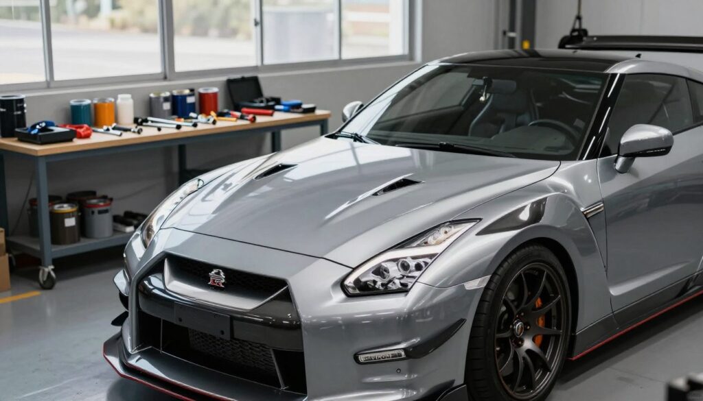 A sleek Nissan GTR in the foreground, showcasing a stylish body kit with dynamic lines and modern aesthetics. The car is parked in a well-lit automotive workshop, highlighting the intricate details of the body kit. In the middle ground, tools and equipment related to the installation process are neatly organized on a workbench, along with paint cans in various colors, suggesting the painting phase of the project. The background features a large window allowing soft, natural light to spill in, casting subtle highlights on the polished metal of the GTR. The overall mood is one of professionalism and excitement, capturing the essence of automotive modification and project realization. Angle the shot slightly from above to encompass the depth of the workshop environment. A sleek Nissan GTR in the foreground, showcasing a stylish body kit with dynamic lines and modern aesthetics. The car is parked in a well-lit automotive workshop, highlighting the intricate details of the body kit. In the middle ground, tools and equipment related to the installation process are neatly organized on a workbench, along with paint cans in various colors, suggesting the painting phase of the project. The background features a large window allowing soft, natural light to spill in, casting subtle highlights on the polished metal of the GTR. The overall mood is one of professionalism and excitement, capturing the essence of automotive modification and project realization. Angle the shot slightly from above to encompass the depth of the workshop environment.