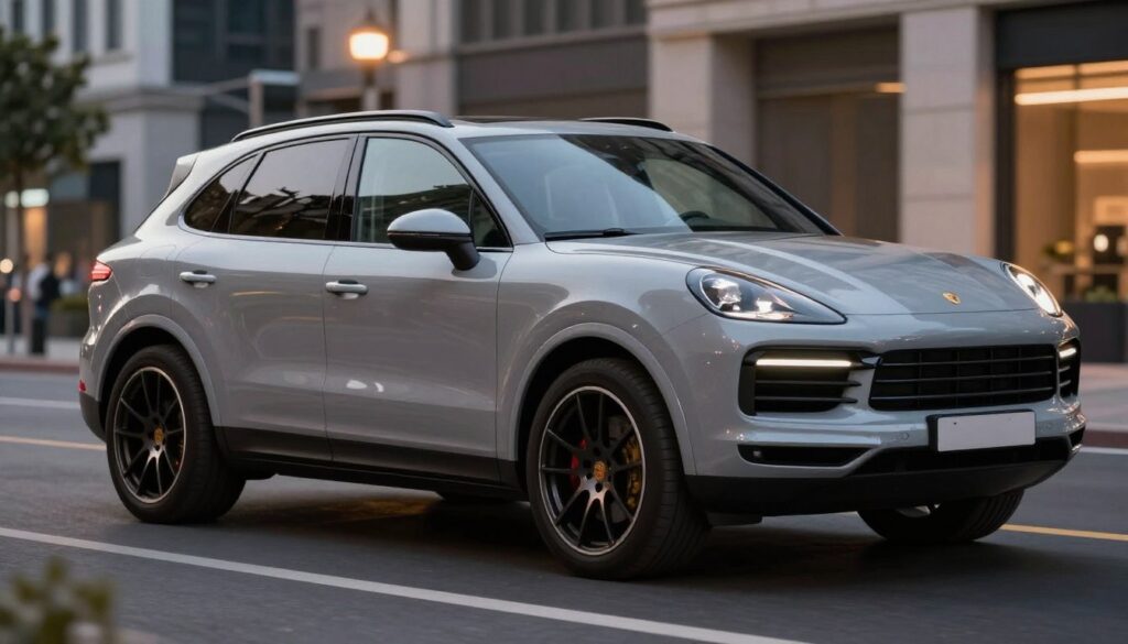 A sleek Porsche Cayenne with a stylish body kit, showcased in a dynamic side angle view. This modern SUV features aggressive lines and enhanced aerodynamics, emphasizing its sporty design while maintaining harmonious proportions. The body kit includes stylish front and rear bumpers, side skirts, and a lowered stance, all crafted to accentuate the Cayenne’s elegance. The scene is set in an urban environment at dusk, with warm street lights shedding soft illumination on the vehicle, highlighting its glossy paint finish. The background features blurred city buildings, enhancing the focused clarity of the Cayenne. The overall mood conveys sophistication and modern luxury, perfect for a high-end automotive feature. A sleek Porsche Cayenne with a stylish body kit, showcased in a dynamic side angle view. This modern SUV features aggressive lines and enhanced aerodynamics, emphasizing its sporty design while maintaining harmonious proportions. The body kit includes stylish front and rear bumpers, side skirts, and a lowered stance, all crafted to accentuate the Cayenne’s elegance. The scene is set in an urban environment at dusk, with warm street lights shedding soft illumination on the vehicle, highlighting its glossy paint finish. The background features blurred city buildings, enhancing the focused clarity of the Cayenne. The overall mood conveys sophistication and modern luxury, perfect for a high-end automotive feature.