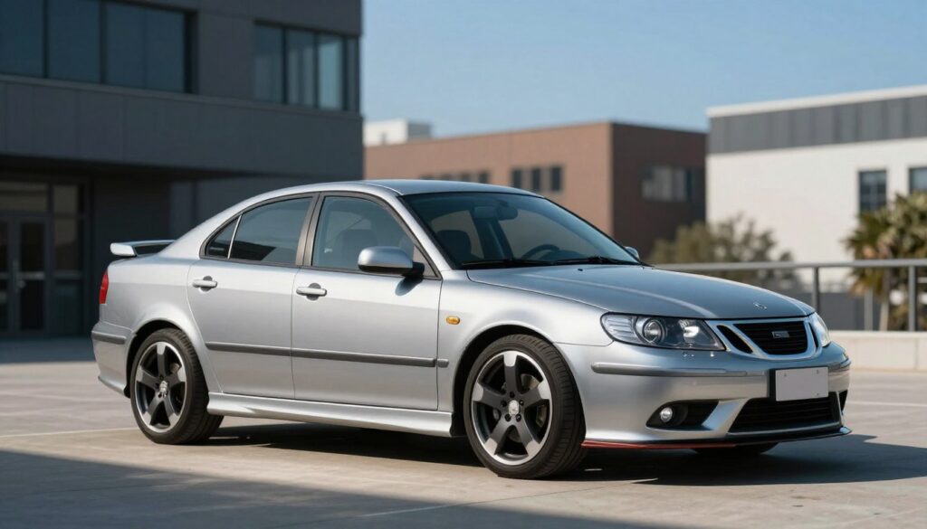 A sleek Saab 9-3 featuring the OEM Aero body kit, positioned prominently in the foreground. The car is shown in a dynamic side profile perspective, showcasing its sporty lines and aerodynamic features, including a subtle rear spoiler and distinctive front bumper design. The middle ground includes an urban environment with modern buildings and a clear blue sky, emphasizing the car's contemporary appeal. Soft sunlight casts dramatic shadows, highlighting the car’s curves and gloss finish. The image captures a sense of sophistication and performance, evoking an upscale atmosphere. The background is slightly blurred to accentuate the Saab 9-3, creating a vivid contrast that draws the viewer's attention directly to the vehicle itself.