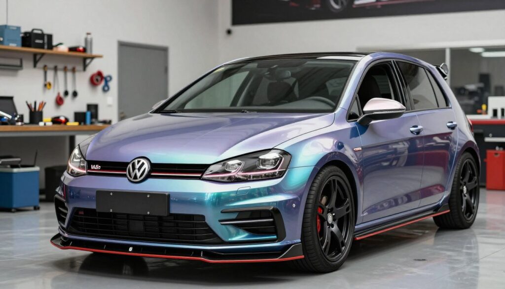 A sleek Volkswagen Golf VII with a custom body kit parked prominently in the foreground, showcasing its enhanced aerodynamics and striking aesthetics. The car is painted in a vibrant metallic color, reflecting sunlight and highlighting the contours of the new parts. In the middle ground, a soft-focus mechanic studio with tools and parts scattered, emphasizing the theme of customization and fitting. The background features a blurred view of a showroom, providing an automotive ambiance. The lighting is bright and even, creating a professional feel, as if capturing a high-quality promotional image. The atmosphere is energetic yet sophisticated, inviting the viewer to consider the importance of precise fitting and stylish upgrades. A sleek Volkswagen Golf VII with a custom body kit parked prominently in the foreground, showcasing its enhanced aerodynamics and striking aesthetics. The car is painted in a vibrant metallic color, reflecting sunlight and highlighting the contours of the new parts. In the middle ground, a soft-focus mechanic studio with tools and parts scattered, emphasizing the theme of customization and fitting. The background features a blurred view of a showroom, providing an automotive ambiance. The lighting is bright and even, creating a professional feel, as if capturing a high-quality promotional image. The atmosphere is energetic yet sophisticated, inviting the viewer to consider the importance of precise fitting and stylish upgrades.