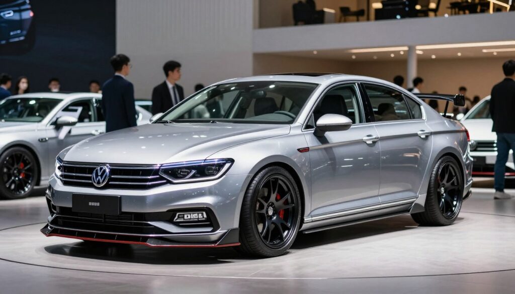 A sleek Volkswagen Passat B5 with an aggressive body kit, prominently displayed at an automotive showcase. In the foreground, the car's front bumper is enhanced with sharp lines and an integrated splitter, showcasing its sporty appeal. The side skirts are low-profile, emphasizing the vehicle's stance, while the rear features an eye-catching diffuser and a subtle spoiler. The middle ground includes other vehicles and spectators admiring the design, dressed in smart casual attire. The background shows a blurred modern urban environment, symbolizing innovation and style. Soft, diffused lighting highlights the car's curves and textures, creating a polished, dynamic atmosphere. A low-angle perspective captures the vehicle's aggressive posture and detailed features in an engaging and striking manner.