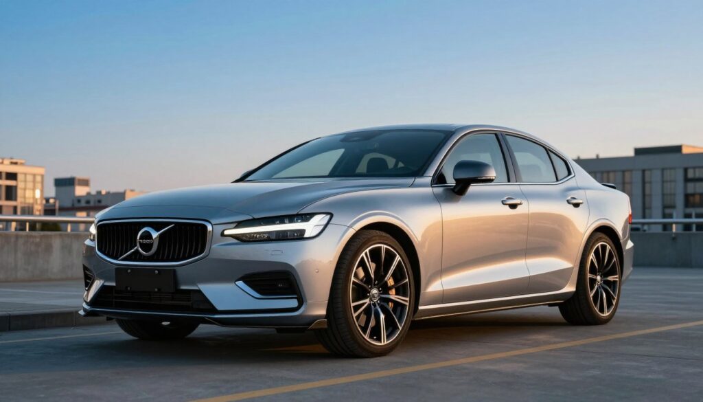 A sleek Volvo S60 parked in an urban setting, showcasing a stylish body kit that blends elegance with a dynamic look. The car features subtle OEM+ modifications, including a refined front bumper, side skirts, and a sporty rear diffuser. The foreground captures intricate details of the car's design, highlighting the smooth lines and sophisticated curves. In the middle ground, the cityscape is visible, with soft focus to emphasize the vehicle. The background includes a clear blue sky at dusk, casting warm golden hour lighting that enhances the car's polished paint. A low angle perspective accentuates the sporty stance, creating a balanced mood of sophistication and energy, ideal for an automotive enthusiast's dream.