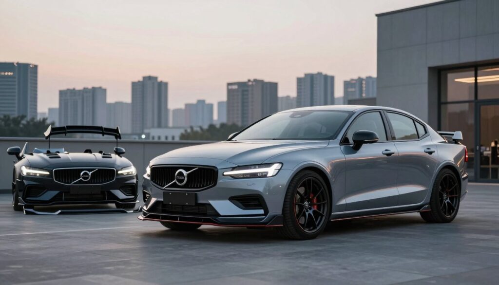 A sleek Volvo S60 sports car with a custom body kit, positioned prominently in the foreground against a modern urban backdrop. The car should exhibit a dynamic and elegant design, featuring aerodynamic lines and a glossy finish, reflecting advanced craftsmanship. In the middle ground, display a selection of high-quality body kit components, such as bumpers, side skirts, and spoilers, arranged artistically to showcase compatibility and options. The background should feature a blurred city skyline at dusk, with soft ambient lighting highlighting the car and parts, creating a sophisticated atmosphere. Capture the scene from a low angle to emphasize the car's stance, using a wide-angle lens to include the parts effectively while maintaining a focus on the Volvo S60's elegance.