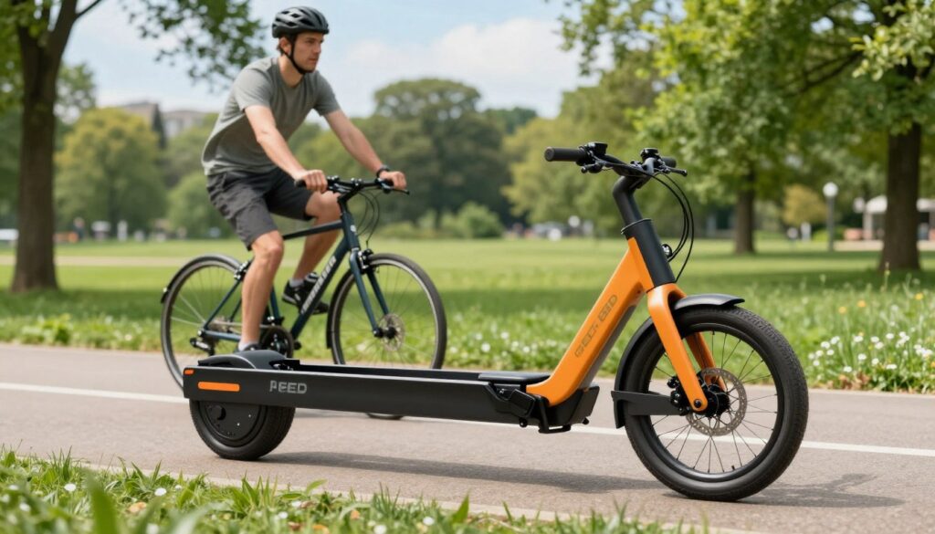 A sleek and modern e-rower S-Pedelec parked on a picturesque bicycle path, surrounded by lush greenery. In the foreground, the stylish motorower stands out with its vibrant color and aerodynamic design, showcasing features like a powerful battery and a streamlined frame. In the middle ground, a cyclist in modest casual clothing safely rides past, emphasizing the versatility of the vehicle on the path. The background features a serene park setting with trees, blue sky, and soft sunlight filtering through the leaves, creating a welcoming atmosphere. The image captures the essence of urban mobility and the importance of understanding different cycling regulations, with a focus on clarity and visual appeal.