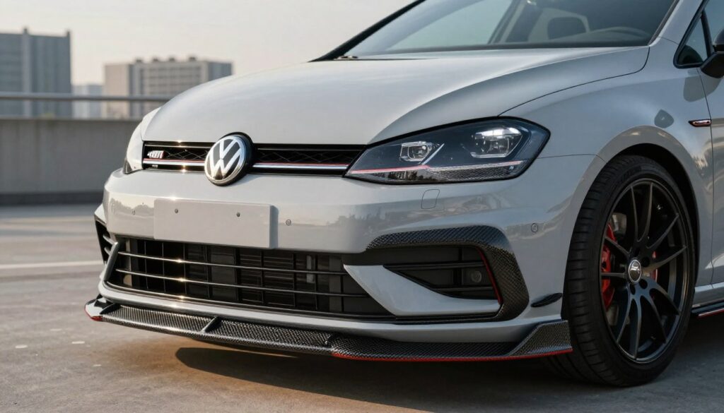 A sleek, modern Volkswagen Golf 7 fitted with an eye-catching body kit, showcasing a sophisticated blend of materials, including glossy light gray PP and sleek carbon fiber accents. The foreground features the car in sharp focus, highlighting the curves and angles of the body kit that enhance its sporty look. The middle ground shows a detailed close-up of the custom front bumper and side skirts, emphasizing texture and quality to illustrate the conversation between PP and carbon. In the background, an urban landscape subtly blurred to create a sense of depth, with soft afternoon sunlight illuminating the scene, casting dynamic shadows. This setting conveys a stylish and contemporary atmosphere, perfect for an automotive enthusiasts’ article. A sleek, modern Volkswagen Golf 7 fitted with an eye-catching body kit, showcasing a sophisticated blend of materials, including glossy light gray PP and sleek carbon fiber accents. The foreground features the car in sharp focus, highlighting the curves and angles of the body kit that enhance its sporty look. The middle ground shows a detailed close-up of the custom front bumper and side skirts, emphasizing texture and quality to illustrate the conversation between PP and carbon. In the background, an urban landscape subtly blurred to create a sense of depth, with soft afternoon sunlight illuminating the scene, casting dynamic shadows. This setting conveys a stylish and contemporary atmosphere, perfect for an automotive enthusiasts’ article.