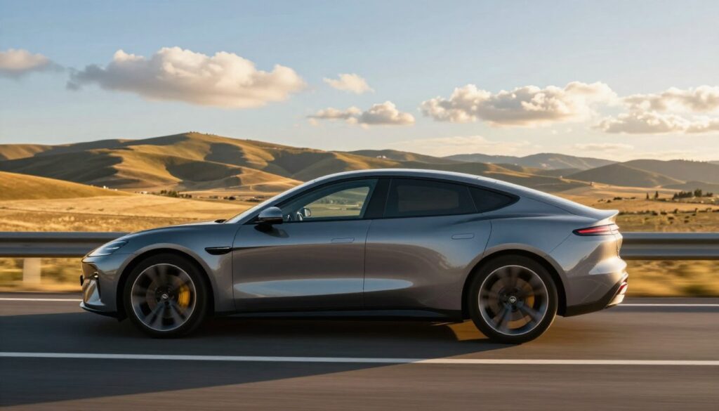 A sleek, modern car elegantly cruising down a scenic highway, showcasing its aerodynamic design and shiny, polished bodywork. The foreground features the car in profile, with a clear view of its fuel-efficient modifications from chip tuning, such as a subtle badge on the rear. The middle ground includes rolling hills and a sprawling landscape bathed in warm, golden sunlight, symbolizing energy efficiency. In the background, a clear blue sky with soft, fluffy clouds enhances the tranquil atmosphere. The lens should mimic a slight wide-angle effect, capturing a dynamic sense of movement. Overall, the image conveys a sense of freedom, efficiency, and eco-conscious driving, perfect for illustrating the benefits of chip tuning in fuel savings. A sleek, modern car elegantly cruising down a scenic highway, showcasing its aerodynamic design and shiny, polished bodywork. The foreground features the car in profile, with a clear view of its fuel-efficient modifications from chip tuning, such as a subtle badge on the rear. The middle ground includes rolling hills and a sprawling landscape bathed in warm, golden sunlight, symbolizing energy efficiency. In the background, a clear blue sky with soft, fluffy clouds enhances the tranquil atmosphere. The lens should mimic a slight wide-angle effect, capturing a dynamic sense of movement. Overall, the image conveys a sense of freedom, efficiency, and eco-conscious driving, perfect for illustrating the benefits of chip tuning in fuel savings.