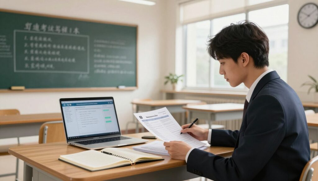 A sleek, modern classroom setting designed for a theoretical driving exam. In the foreground, a student in professional attire is attentively studying a large stack of theoretical driving test papers on a wooden desk, surrounded by opened notebooks and a laptop displaying a mock driving test interface. The middle ground features a chalkboard with handwritten notes about traffic laws and safety regulations, enhancing the educational atmosphere. The background reveals large windows letting in warm, natural light, illuminating the room and creating a focused yet inviting ambiance. In the corner, a clock signifies the importance of time management during examinations. The overall mood is one of seriousness and focus, reflecting the significance of the theoretical driving test. A sleek, modern classroom setting designed for a theoretical driving exam. In the foreground, a student in professional attire is attentively studying a large stack of theoretical driving test papers on a wooden desk, surrounded by opened notebooks and a laptop displaying a mock driving test interface. The middle ground features a chalkboard with handwritten notes about traffic laws and safety regulations, enhancing the educational atmosphere. The background reveals large windows letting in warm, natural light, illuminating the room and creating a focused yet inviting ambiance. In the corner, a clock signifies the importance of time management during examinations. The overall mood is one of seriousness and focus, reflecting the significance of the theoretical driving test.