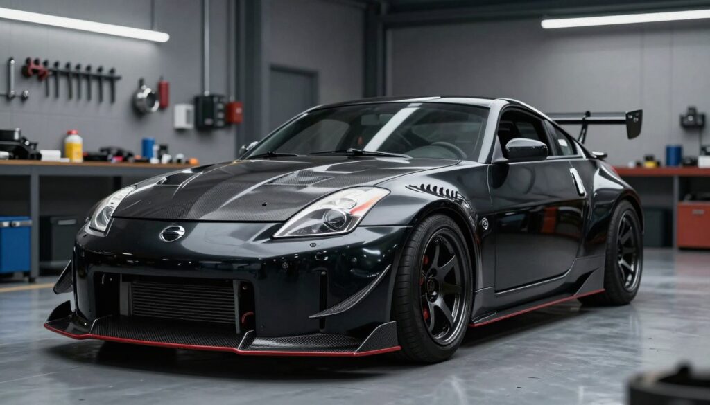 A sleek, modified Nissan 350Z with an eye-catching body kit stands prominently in the foreground, showcasing its aggressive lines and sporty enhancements. The body kit features a bold front bumper, flared side skirts, and a rear diffuser, all finished in a glossy black with contrasting carbon fiber accents. The car is displayed at a slight angle to reveal the details, with dramatic lighting highlighting the contours and textures of the kit. In the middle ground, a blurred workshop environment emphasizes the theme of tuning and customization, with tools and spare parts subtly suggested. The background is softly lit, creating an atmosphere of industrial craftsmanship. The setting conveys a sense of excitement and professionalism, ideal for car enthusiasts considering their own upgrades. A sleek, modified Nissan 350Z with an eye-catching body kit stands prominently in the foreground, showcasing its aggressive lines and sporty enhancements. The body kit features a bold front bumper, flared side skirts, and a rear diffuser, all finished in a glossy black with contrasting carbon fiber accents. The car is displayed at a slight angle to reveal the details, with dramatic lighting highlighting the contours and textures of the kit. In the middle ground, a blurred workshop environment emphasizes the theme of tuning and customization, with tools and spare parts subtly suggested. The background is softly lit, creating an atmosphere of industrial craftsmanship. The setting conveys a sense of excitement and professionalism, ideal for car enthusiasts considering their own upgrades.