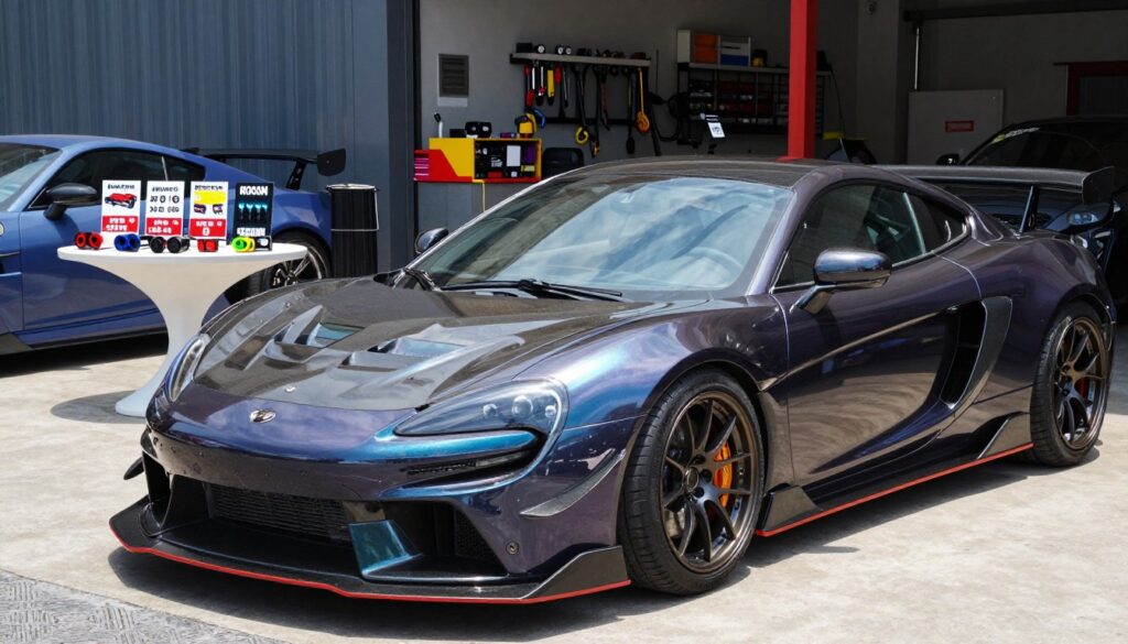 A sleek modified car prominently displayed in the foreground, showcasing various visual tuning elements like an aerodynamic body kit, custom rims, and vibrant paintwork. The vehicle is reflecting natural sunlight, which highlights its glossy finish and intricate details. In the middle ground, include a small display of price tags indicating various modification options, such as spoilers, decals, and lighting kits, arranged neatly on a stylish table. In the background, a vibrant automotive workshop atmosphere, complete with tools and equipment, enhances the setting. The mood is modern and energetic, aiming to convey excitement about car customization. Use a wide-angle shot to capture the depth of the scene, ensuring clear focus on the car and modifications.